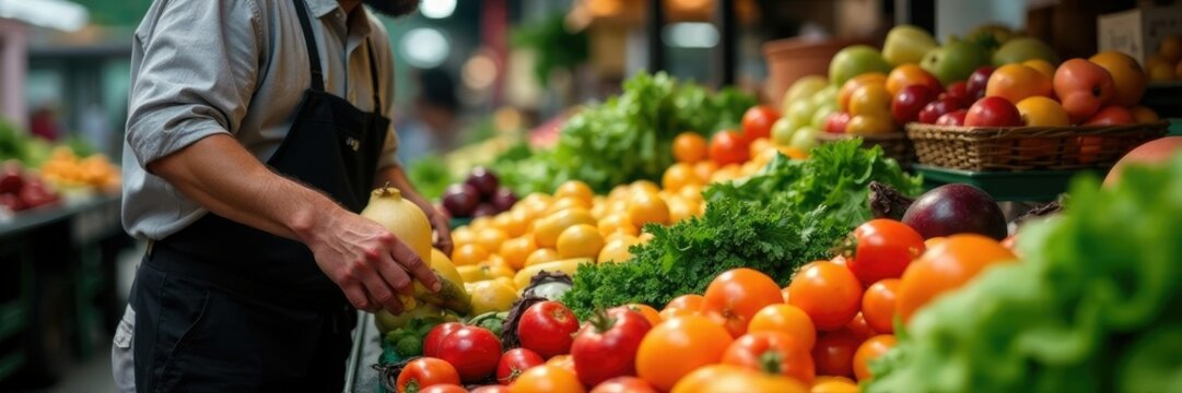 Vendedor segurando uma sacola de vegetais frescos, frutas frescas, mercado