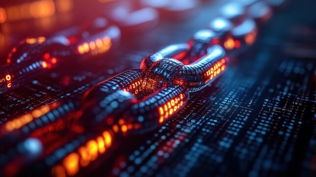 Close-up view of glowing digital chains representing blockchain technology on a circuit board