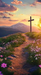 Easter cross on hill, flower aroung, sunset, bible resurrection tomb Jesus Christ. Crucifixion salvation faith Christian of Good Friday, holy week. Grace hope redemption  sacrifice and forgiveness.