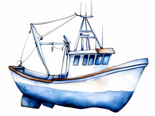 Watercolor Fishing Boat Illustration Floats Gently on a White Background, a Nautical Scene.
