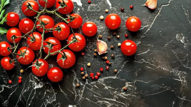 Fresh cherry tomatoes on marble surface with garlic and peppercorns arrangement
