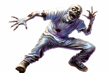 Fototapeta premium A Terrifying Leaping Zombie Illustration with Decaying Flesh and Torn Clothes on White Background.