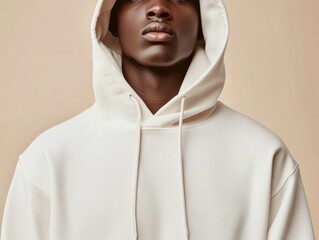 Ivory Hoodie on Dark Skinned Model Featuring Neutral Background for Lifestyle and Fashion Concepts