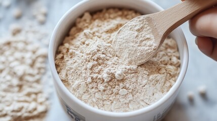 Wooden spoon scooping protein powder in a white bowl, healthy eating