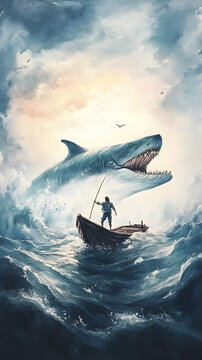 Brave Sailor Faces Giant Sea Monster in a Small Boat Amidst Stormy Ocean Waves