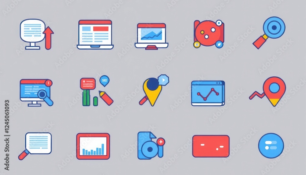 Aufkleber colorful pixel art icons set for data analysis and web analytics