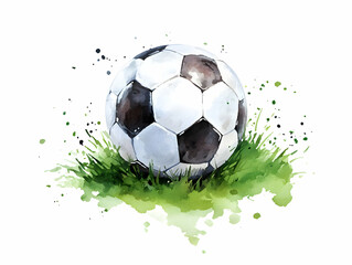 Watercolor Painting of a Soccer Ball on Lush Green Grass with Artistic Splashes