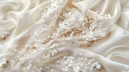 Elegant ivory silk fabric adorned with intricate floral embroidery and pearls, ideal for bridal designs