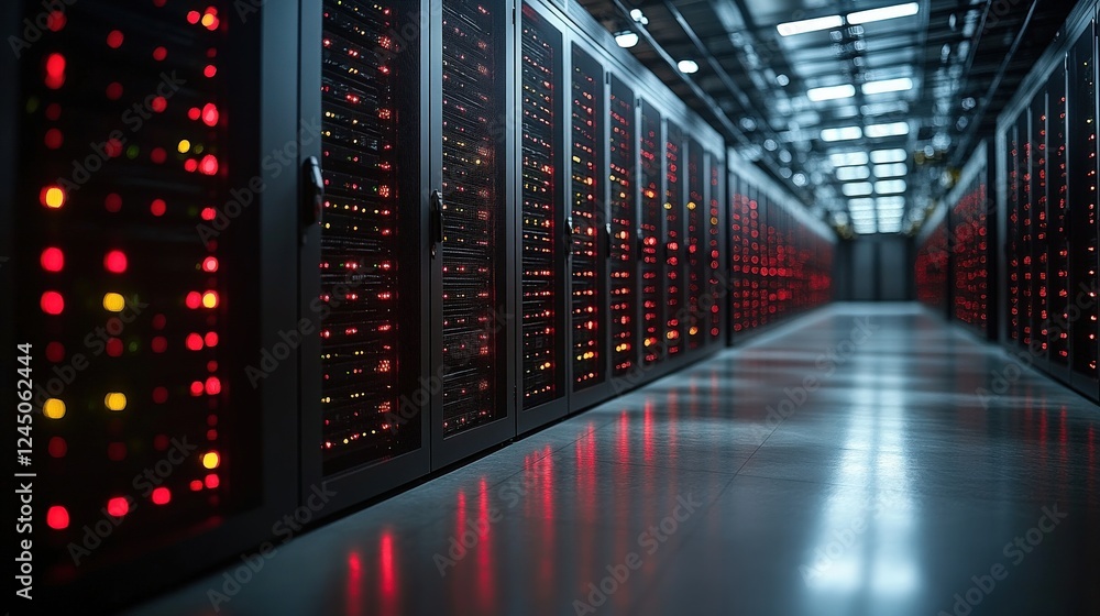 Aufkleber a high-tech data center with illuminated server racks reflecting on the floor, showcasing advanced t