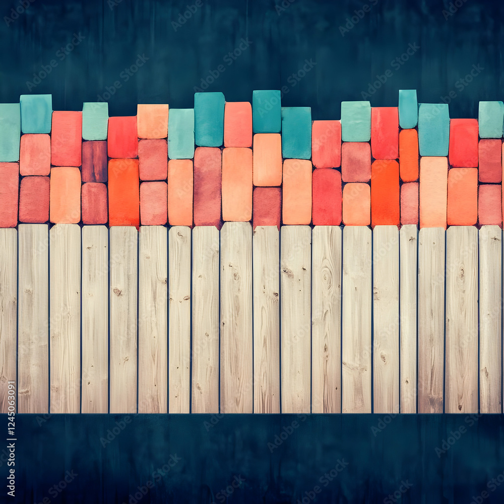 Poster colorful blocks rests on wooden planks with dark background abstractly creating a playful contrast