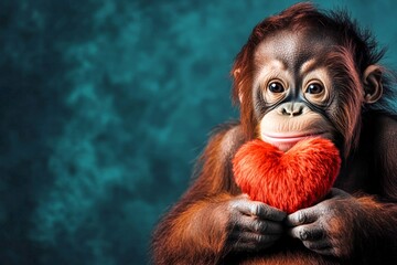 Cute orangutan baby with fluffy red heart - emblem of love, funny greeting card. Orangutan - my cherished animal. Ad campaign visual idea. Promotion concept art. Zoo couple photos.