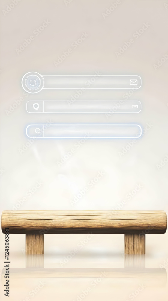 Poster wooden bench displaying futuristic interface icons with a soft glow and reflective surface.