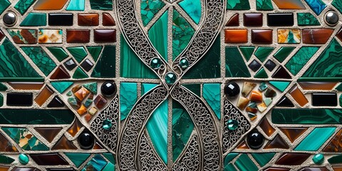 Fototapeta premium Detailed Mosaic Artwork Featuring Turquoise Green Brown and Ornate Silver Pattern Close Up
