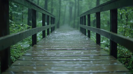 Obraz premium Rainy day walk, wooden bridge, forest path