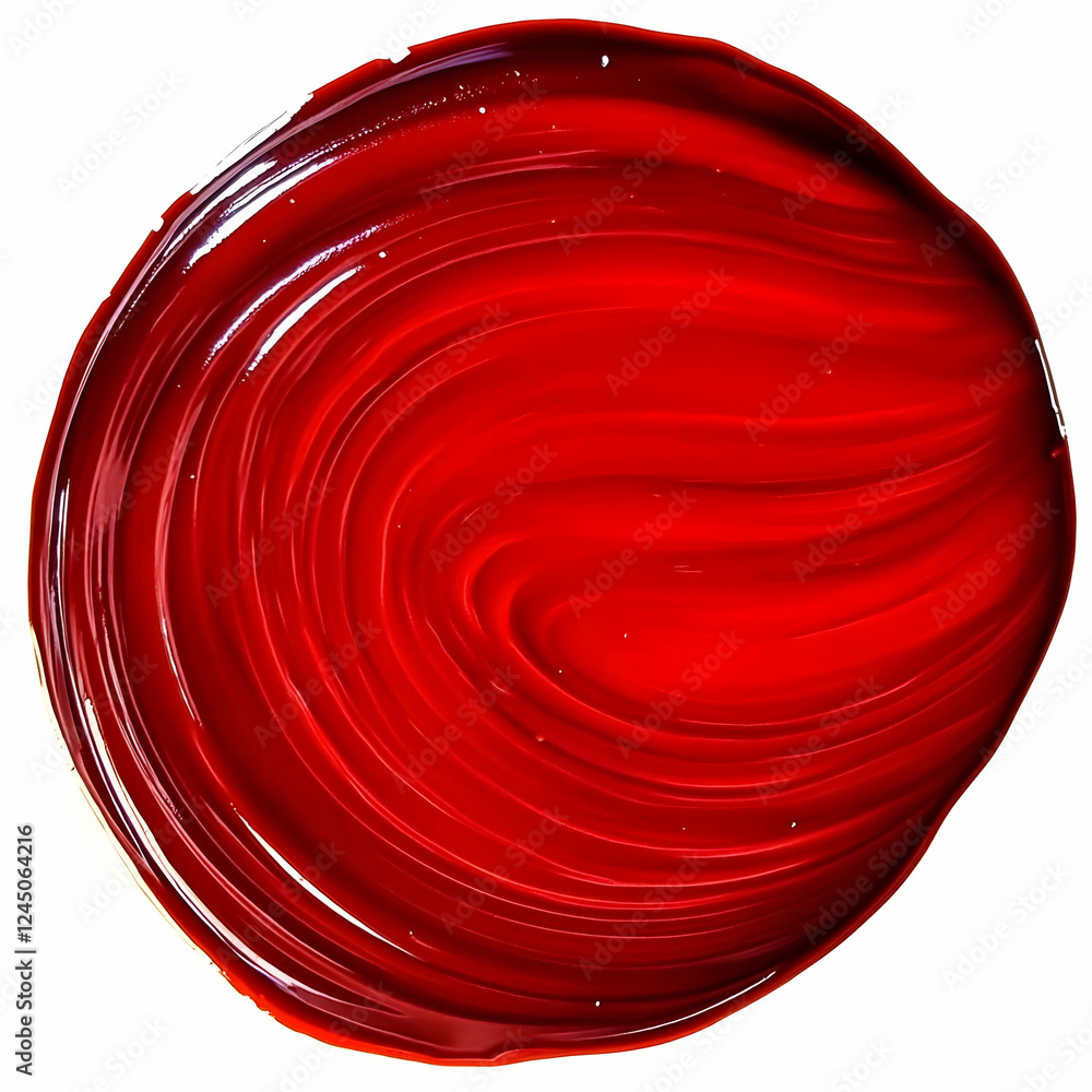 Poster red paint swirl creates a dynamic circular pattern on a white background