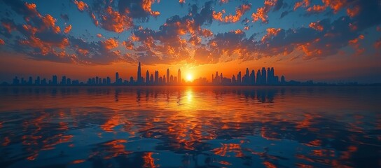 City skyline sunset, ocean reflection, fiery clouds, peaceful background, travel