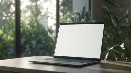 Fototapeta premium Modern Laptop Display Against Greenery Filled Window on a Wooden Desk for Work and Home
