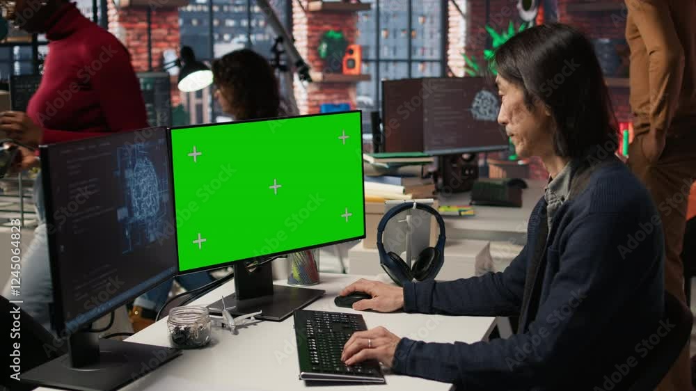 Poster chief technical officer uses mockup pc in ai tech company providing software development services. s