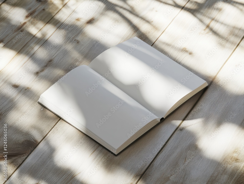 Poster open blank book on a wood surface with sunlight casting shadow patterns for creative mockup