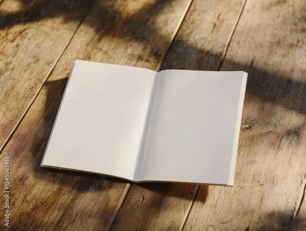 Poster open blank book on wooden surface with sunlight overlay mockup for text and graphics inclusion