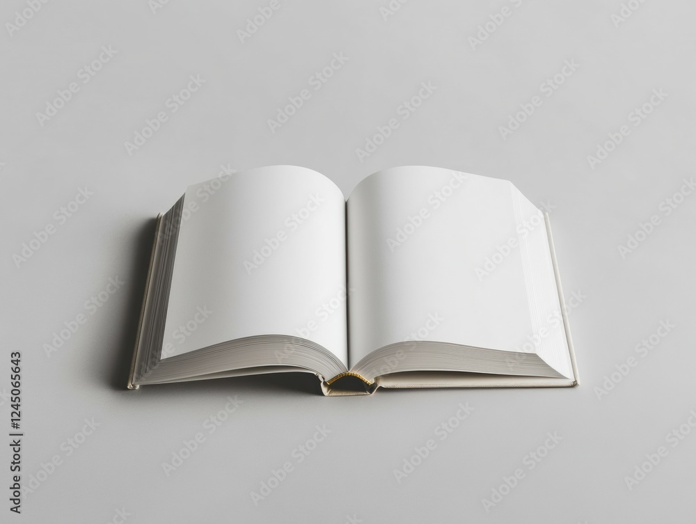 Poster open blank book resting flat on solid gray background for personalized content display and customiza