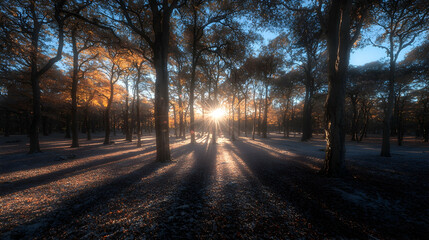 Naklejka premium Sunrise in autumnal forest, frost-covered ground, long shadows