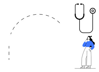 Woman stands thoughtfully with a stethoscope indicating healthcare concepts. Ideal for medical advice, health diagnostics, decision-making, pondering, healthcare solutions, problem-solving, teaching