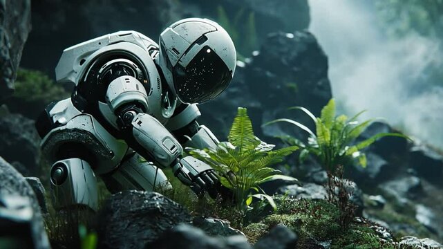 Robotic Explorer in Lush Alien Landscape