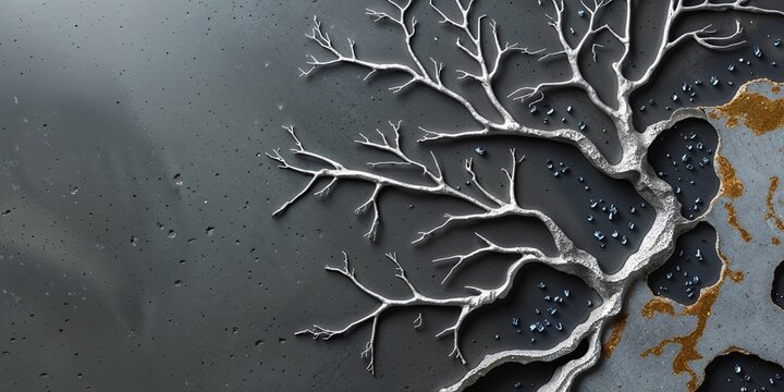 Abstract Silver Tree Branches on Dark Gray Stone with Crystals and Golden Veins Detail