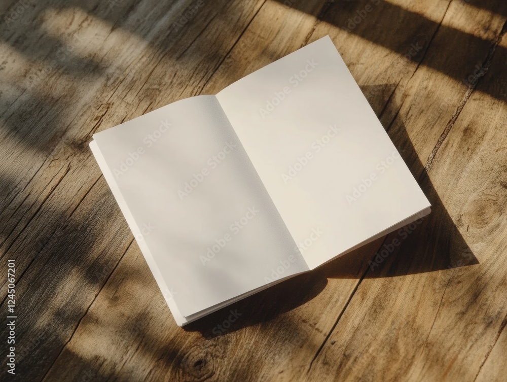 Poster open book displayed on wooden surface illuminated by natural light creating a warm atmosphere