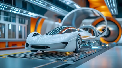 Obraz premium futuristic white sports car in tech facility - futuristic technology
