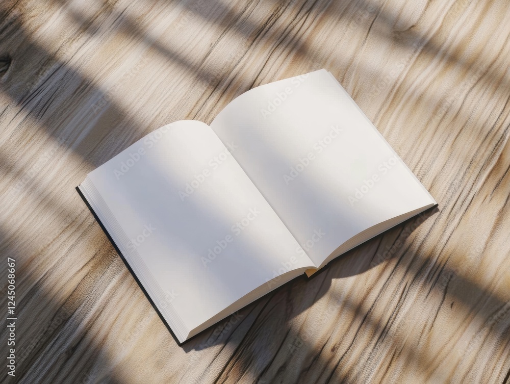 Poster open book on wooden surface with sunlight patterns creating dynamic shadows and highlighted pages