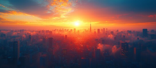 Cityscape sunrise, fog, aerial view, urban skyline.  Website banner