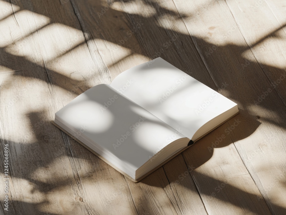Poster open book resting on wooden surface with sunlight filtering through window creating shadows