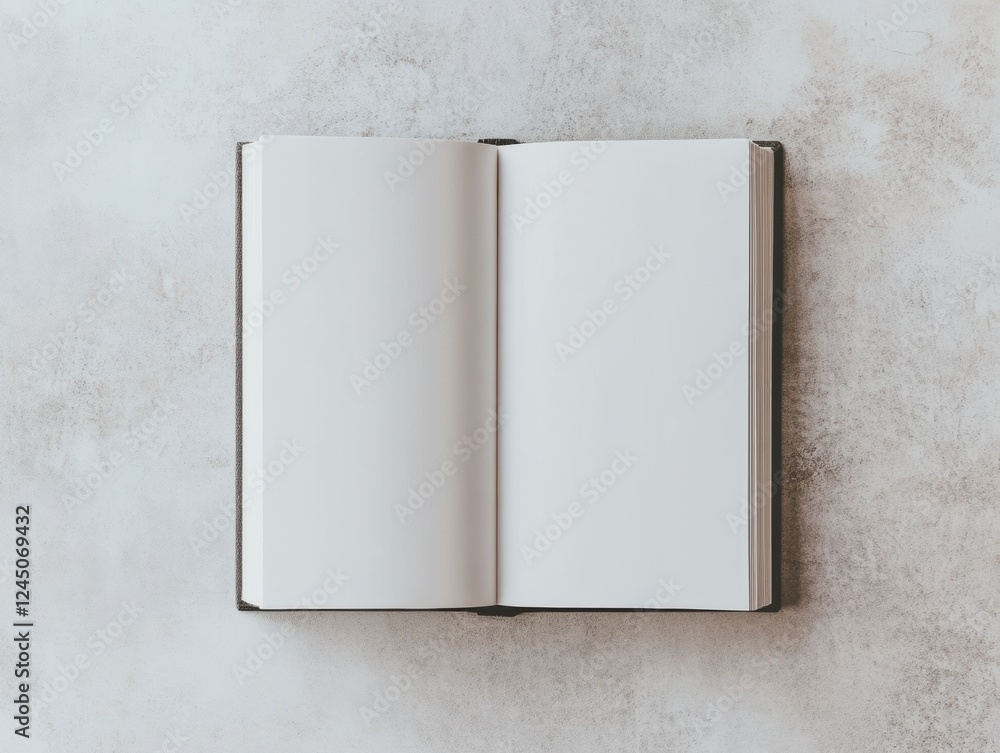 Aufkleber open book with blank pages on neutral textured background for mockup and content presentation