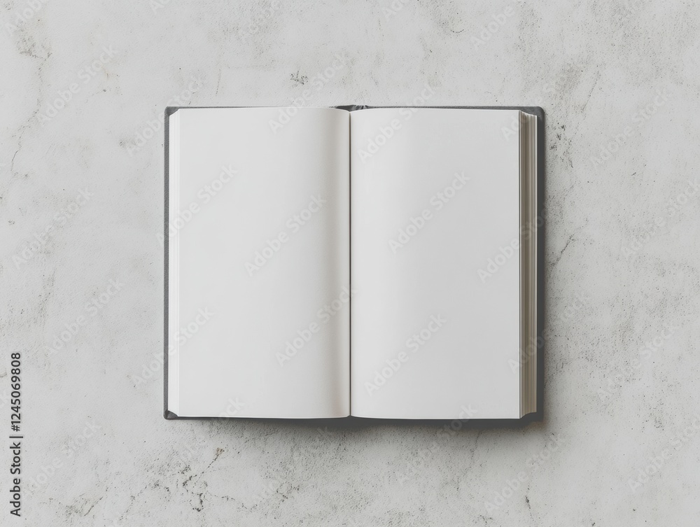 Poster open empty book laying flat on grayish textured surface for creative design and writing space