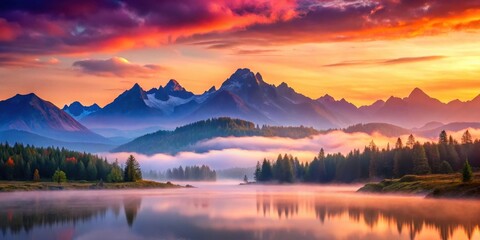 Fototapeta premium Towering mountain peaks shrouded in mist amidst a vast expanse of rolling hills and serene lakes under a vibrant sky with hues of orange pink and purple , lakes, scenic