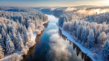 Obraz premium Aerial drone shot of snow-covered trees in a winter forest with a flowing river Gauja creating a mirror reflection, misty atmosphere, aerial photography