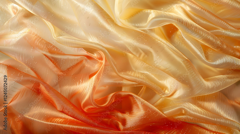 Poster soft flowing fabric in warm hues of orange and gold, creating an elegant backdrop for design