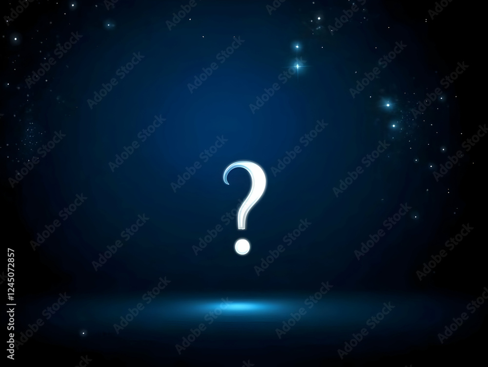 Poster glowing question mark illuminates dark blue background with subtle sparkling particles