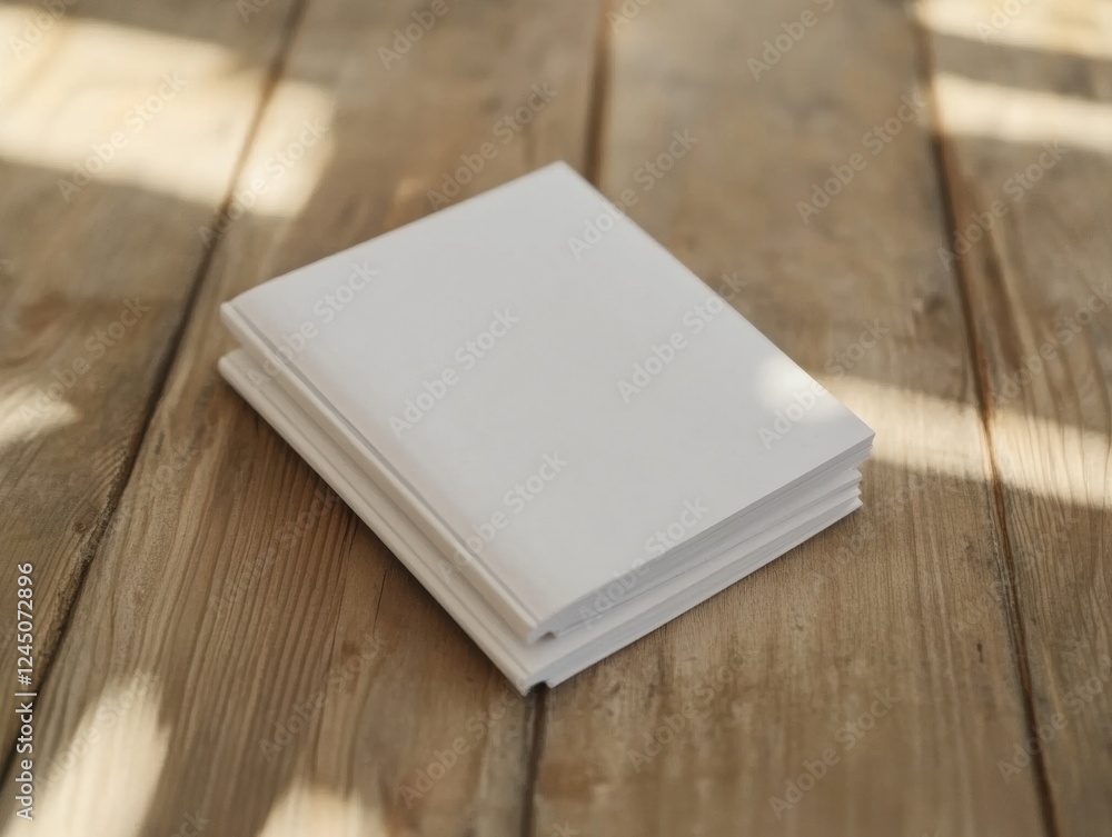 Poster plain notebook on wooden background with sunlight creating a simple and clean composition