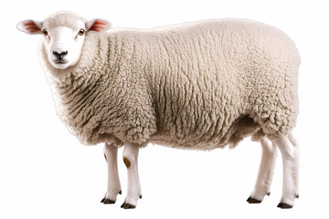 Obraz premium A Domestic Sheep Stands Majestically, Its Thick Fleece Covering Its Body Completely, on a Seamless White Background.