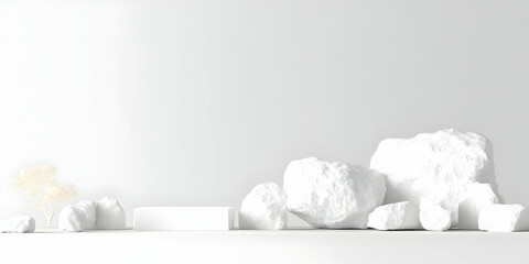 Obraz premium White rectangular podium showcases products amidst white rocks and a delicate plant under soft lighting.