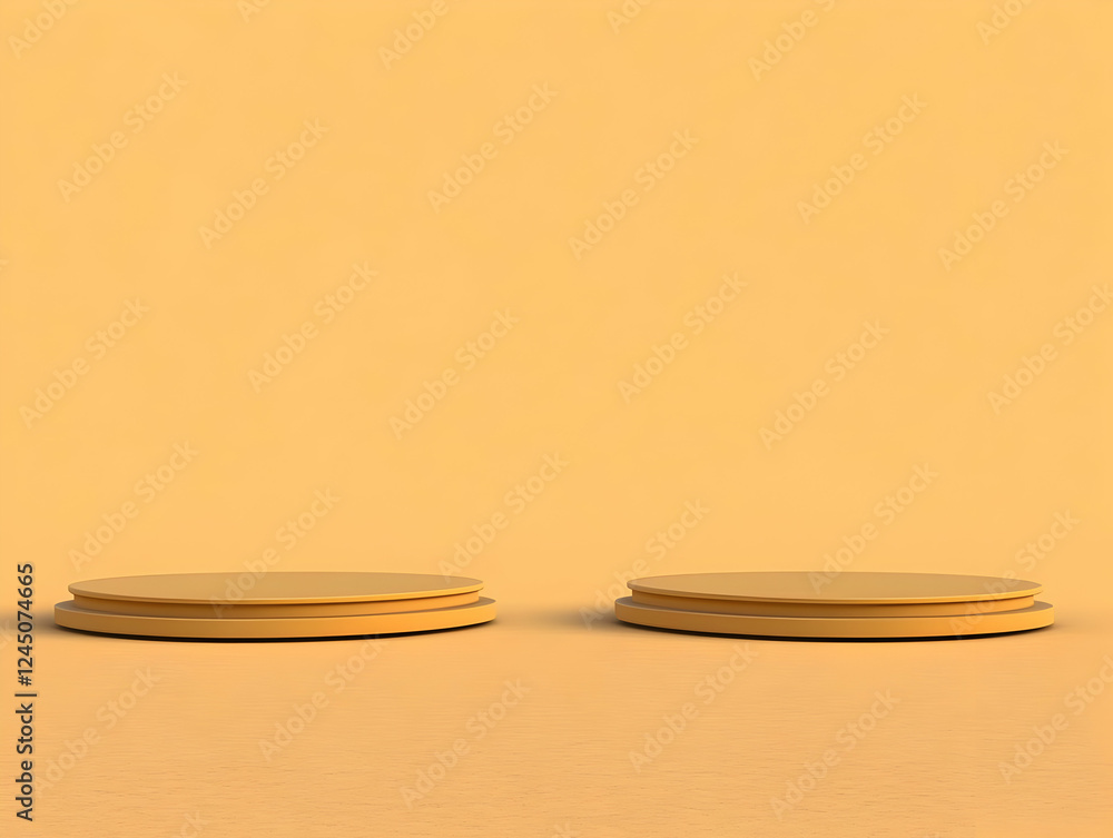 Poster 3d rendering of two empty round podiums on a yellow background for product display