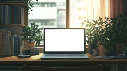 Serene Home Office with Laptop and Plants for Productivity and Creativity in Digital Workspace