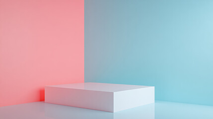 Minimalist white platform in pink and blue room