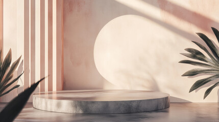 Minimalist podium with soft shadows and plants