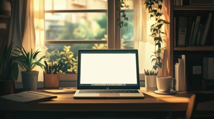 Serene Workspace with Laptop and Plants near Window for Relaxed Productivity and Creative Work