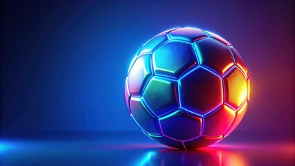 Fototapeta premium Abstract glowing neon colored soccer ball over blue background, glow, neon lights