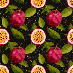 An Artistic and Vibrant Passionfruit and Plum Pattern Set Against a Rich Dark Background